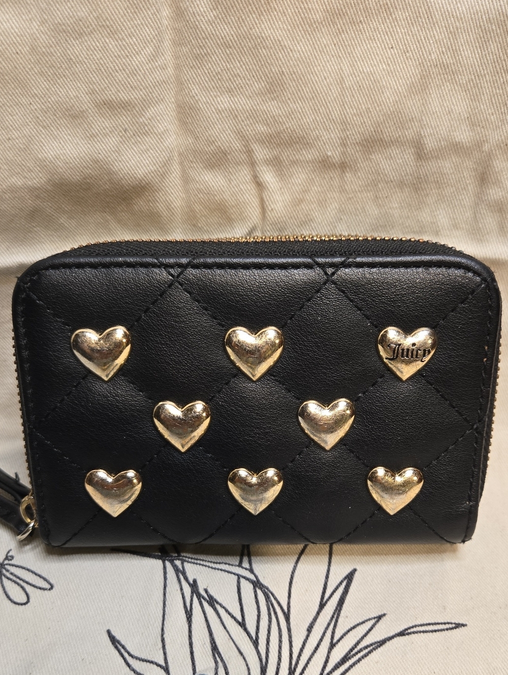 Juicy Couture Black Quilted Gold Heart Double Zip Wallet